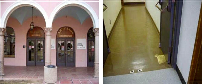 A collage of two images: two arches of a loggia with “Assessor” on one doorway; a view of a hall floor with linoleum; the brass disc described elsewhere is embedded in the floor.