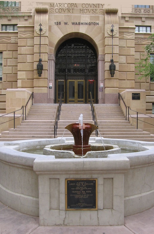 A snapshot of the Swilling Fountain with the stairway and doors to the Maricopa County Courthouse in the background.