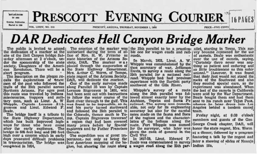 Newspaper article entitled “DAR Dedicates Hell Canyon Bridge Marker.”