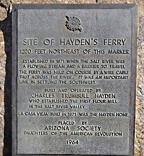 A bronze plaque marking the site of Hayden's ferry. Marker text is in the body of this page.