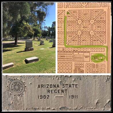 A collage of two snapshots and a map of Greenwood Cemetery.