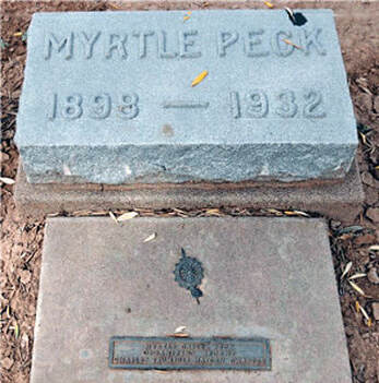 A snapshot of a gravestone for Myrtle Peck, 1898-1932, with a separate DAR marker, text unreadable.