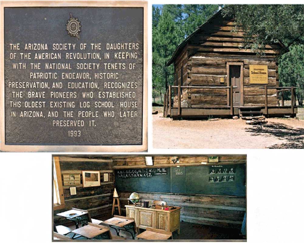 A collage of three snapshots at Arizona's oldest school . (1) Plaque. (2) A log-cabin style school building in a setting with pine and other trees. (3) The school interior with a chalkboard, teacher’s desk, dunce stool and cap in the corner, and student desks. The walls are square-hewn logs.