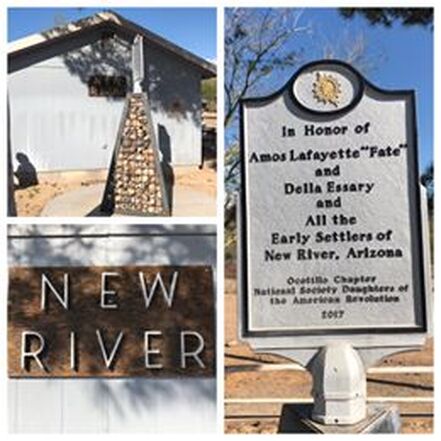 A collage of three snapshots. (1) The river rock marker with the teacherage in the background, (2) a sign that reads “New River,” and (3) the plaque. Marker text is in the body of this page.