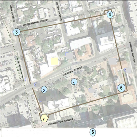 A portion of a map of downtown Tucson with the original Presidio walls outlined. Numerals 1 through 7 show the approximate location of each marker.