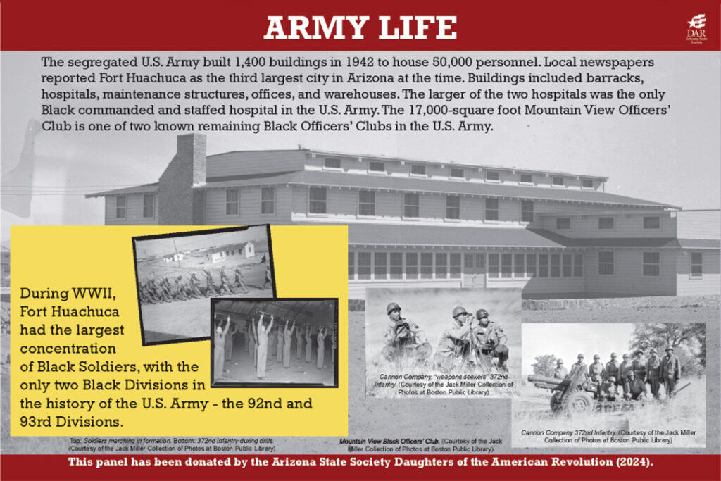 Historical marker panel with images for Fort Huachuca Minority Service during World War II, Army Life. Marker text is in the body of this page.