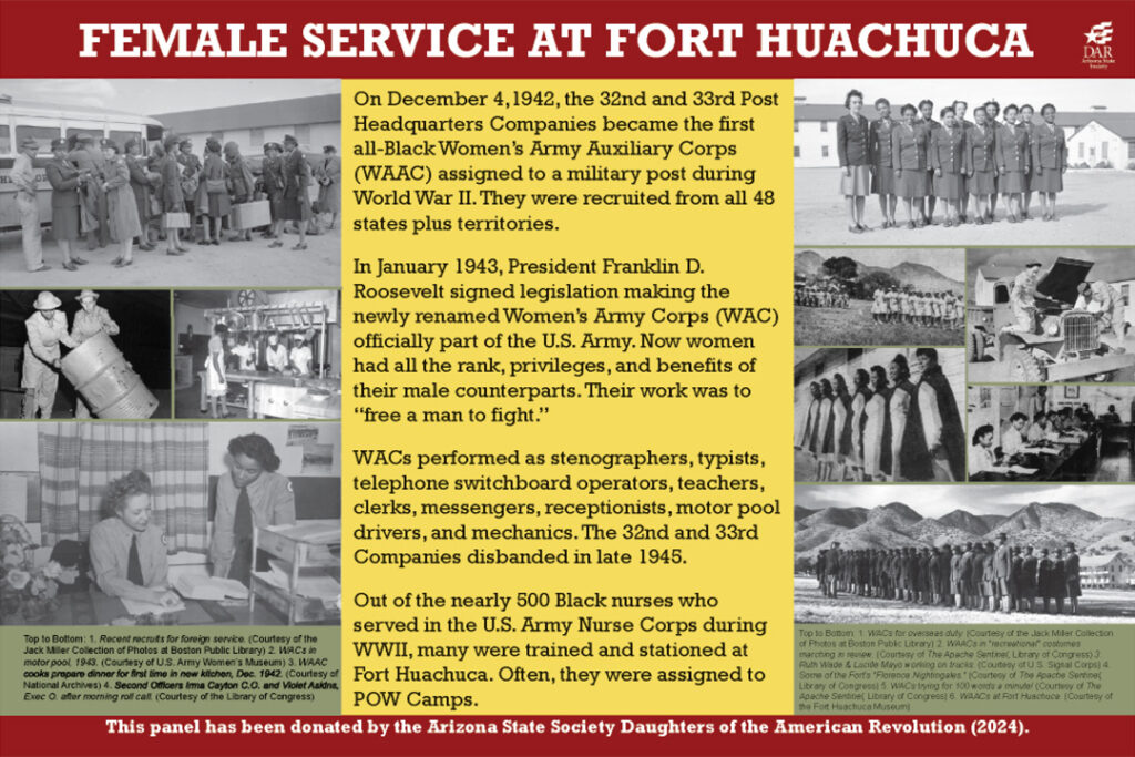 Historical marker panel with images for Fort Huachuca Minority Service during World War II, Female Service at Fort Huachuca, Black women in U.S. Army. Marker text is in the body of this page.