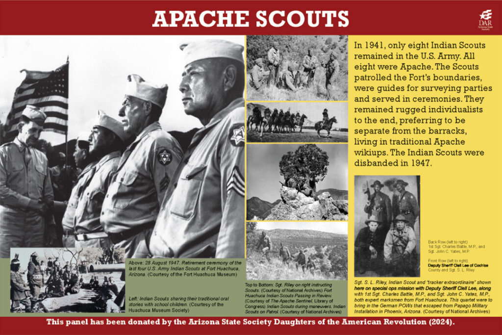 Historical marker panel with images for Fort Huachuca Minority Service during World War II, Apache Scouts, the last of the Indian scouts of the U.S. Army. Marker text is in the body of this page.